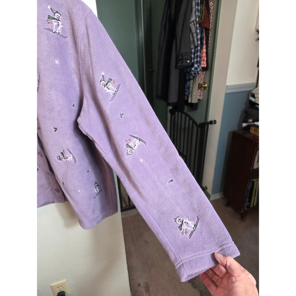 Vintage Christopher & Banks Fleece Cardigan Sweater Purple Snowman Ski Large - Picture 5 of 13